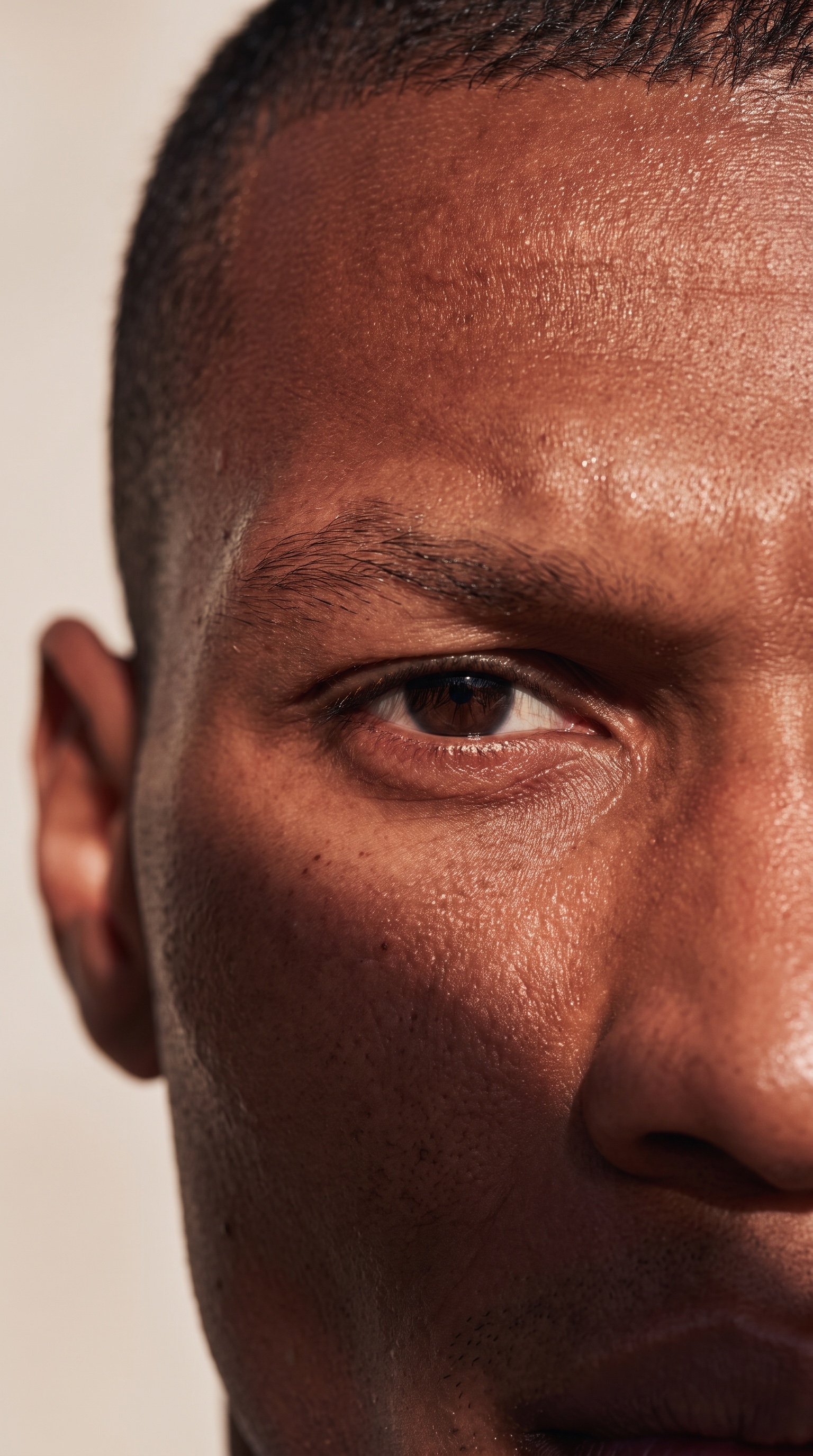 Close-up van een menselijk oog met zichtbare huidtextuur, wimpers en lichtdetails