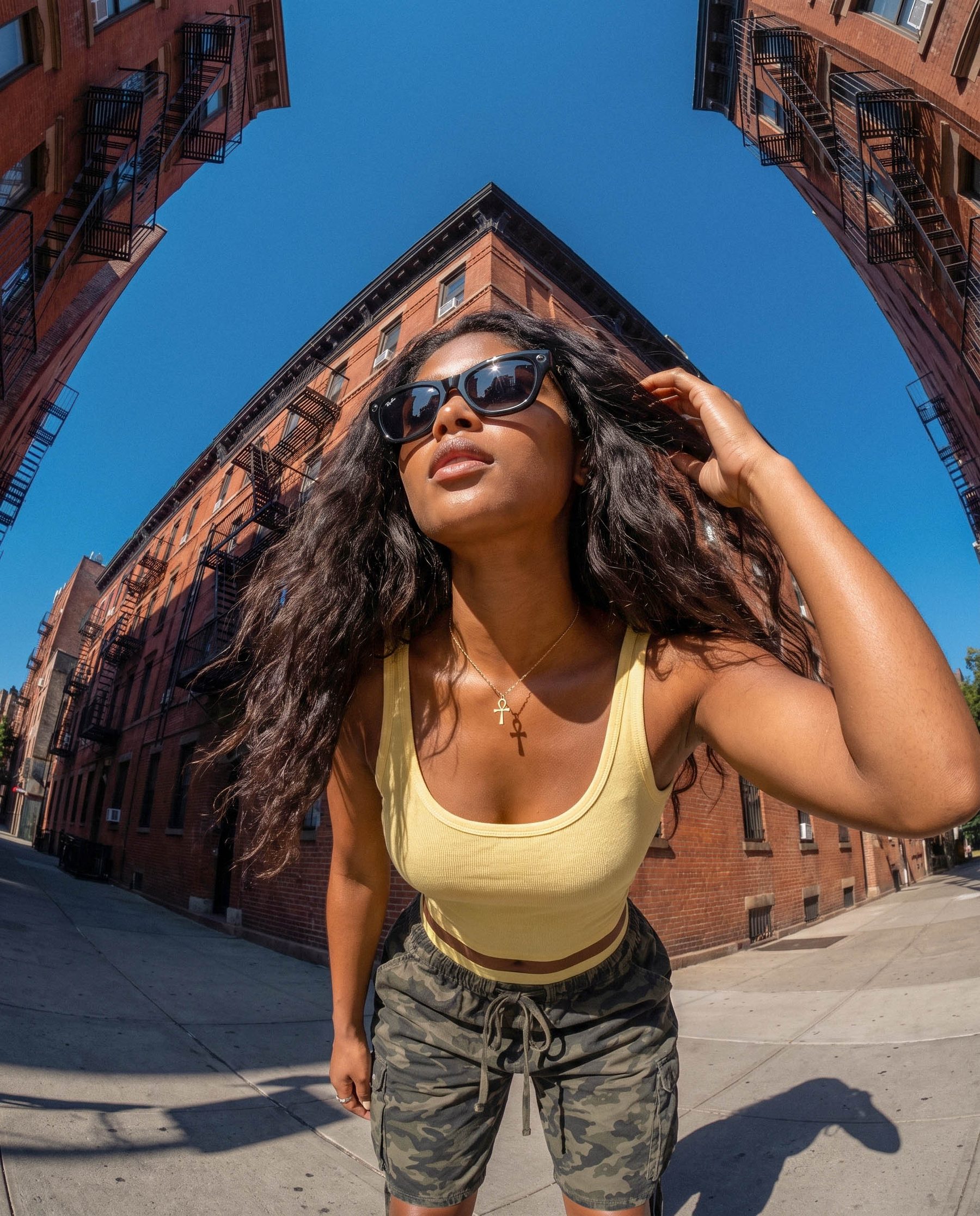 Model on a Manhattan corner, shot wide