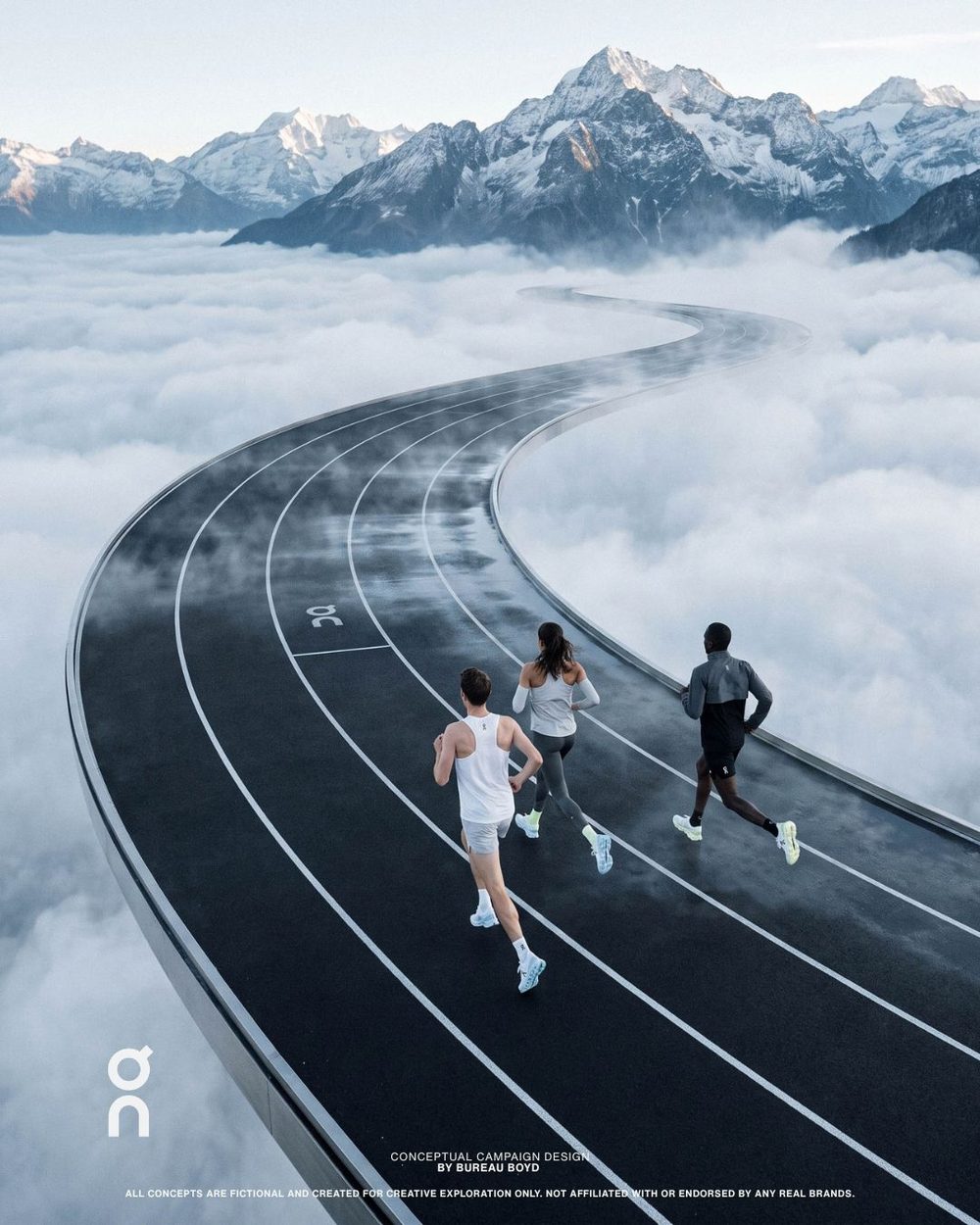 Three runners on a track curving above the clouds