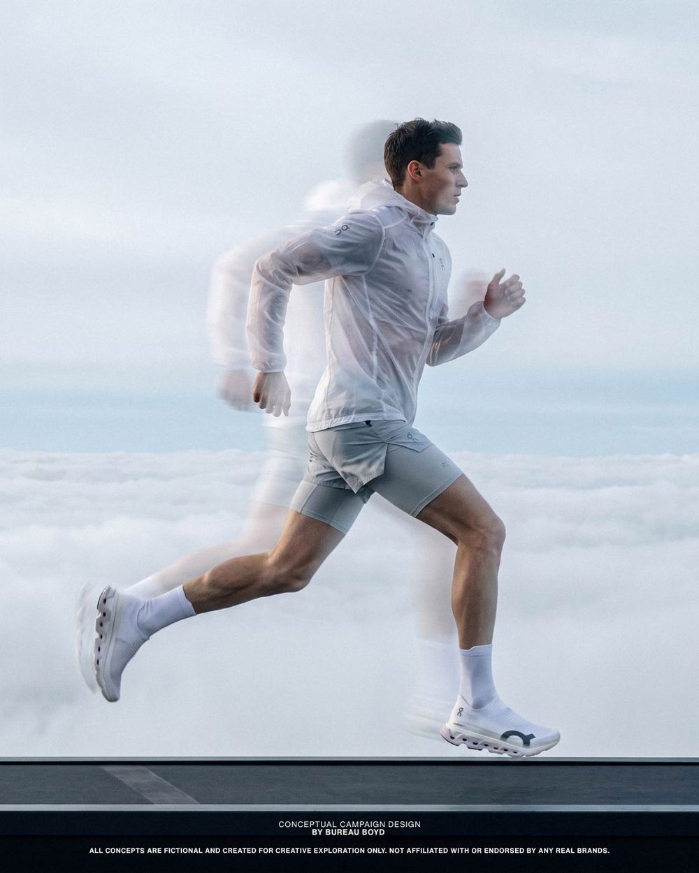 Runner mid-stride with motion blur, cloud layer behind